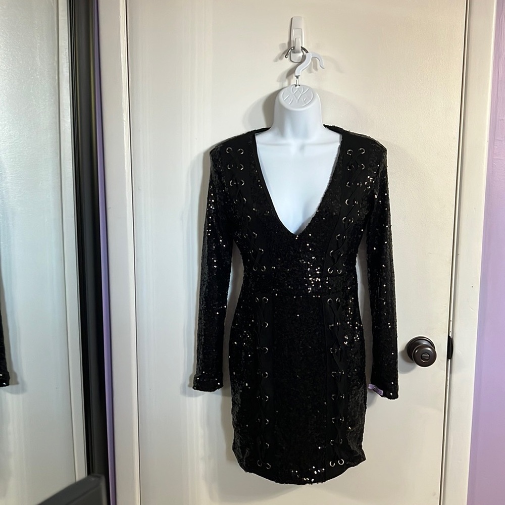 Boohoo Low Cut Sequin Long Sleeve Dress.
